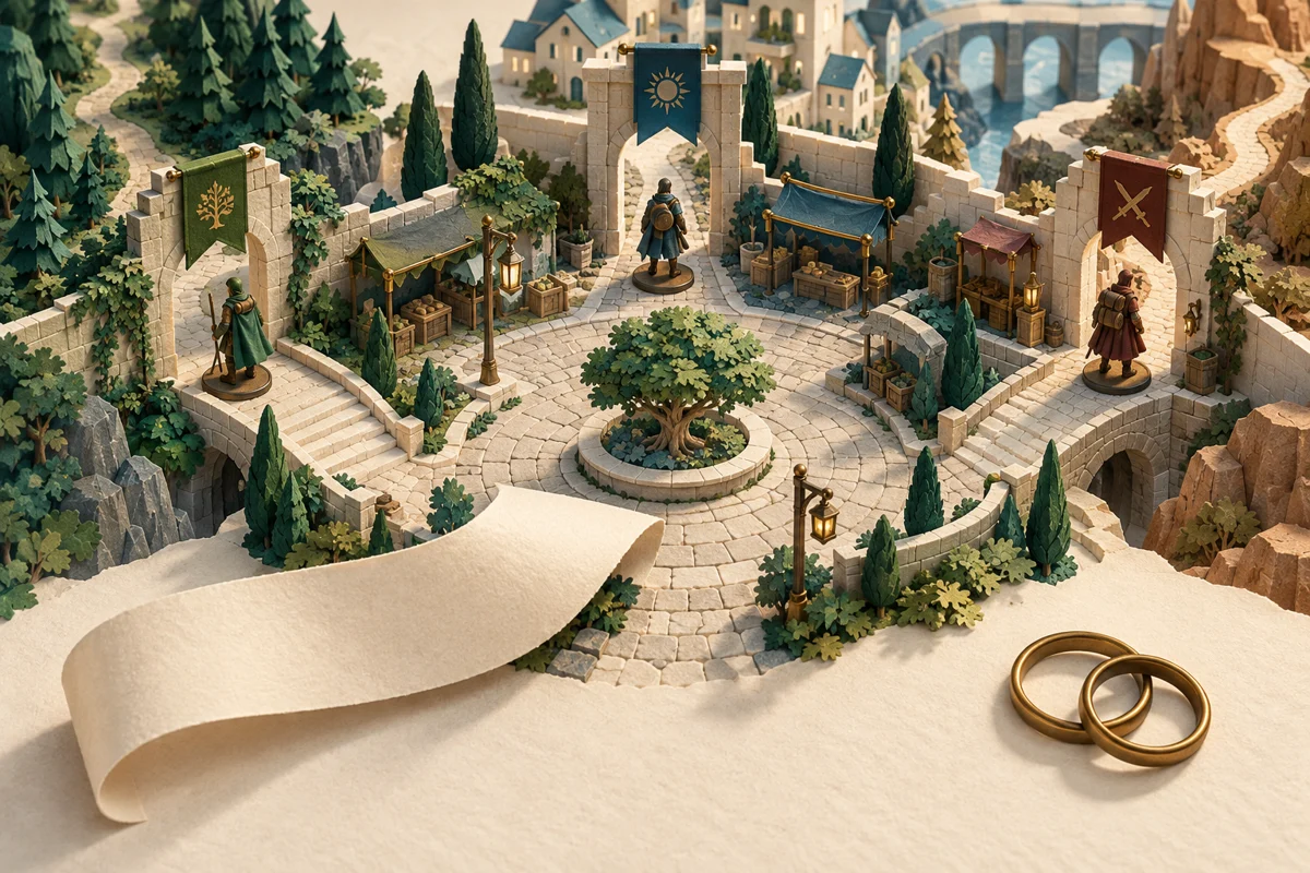 Three traveler counters enter the same miniature town square through separate gates; loose brass rings suggest a party not yet formed.