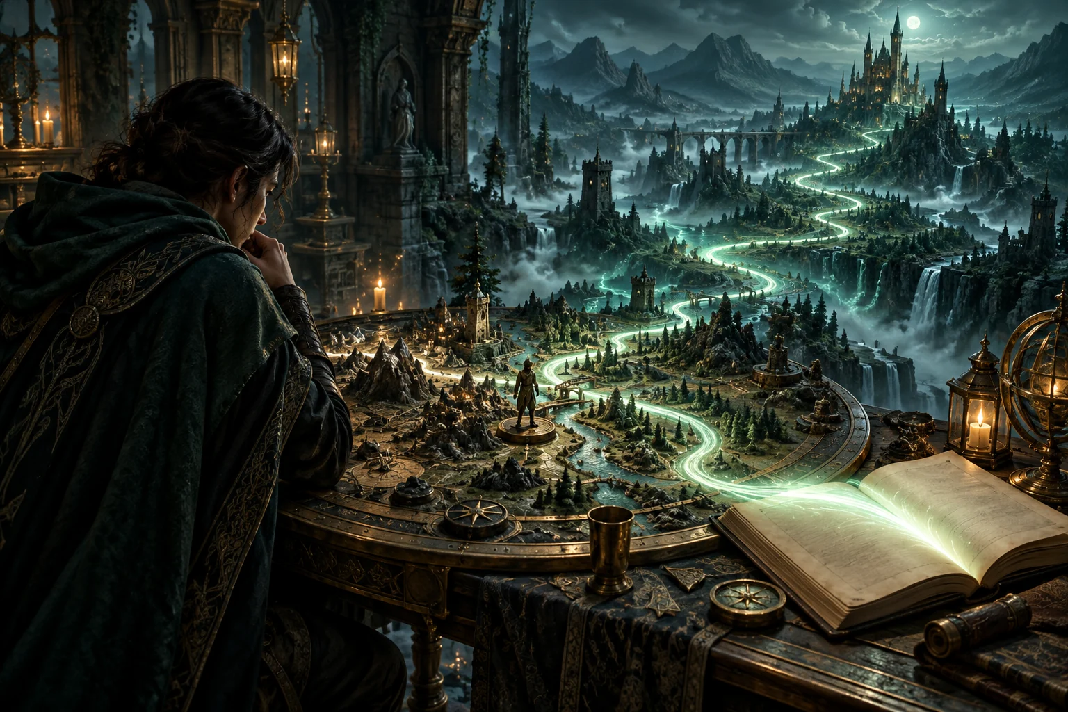 A traveler studies a tactical board as a luminous narrative path rises from an open book.