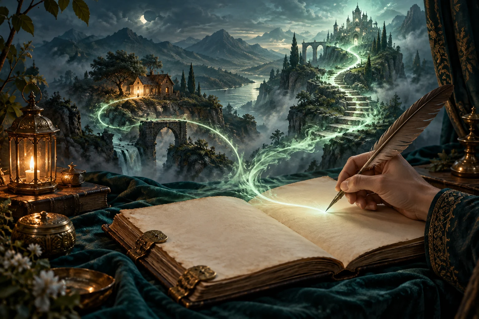 A quill draws a branching luminous path, with one route looping back toward a familiar lantern.