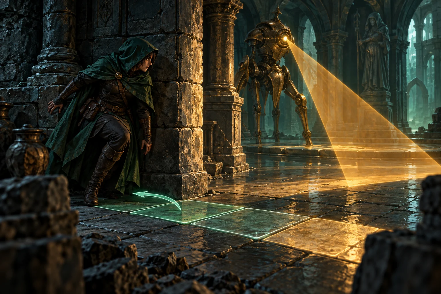 An adventurer sidesteps a brass guardian’s targeting light in a stone dungeon.
